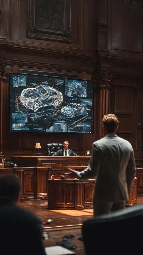 A lawyer addressing the courtroom while holding evidence from a car accident case.