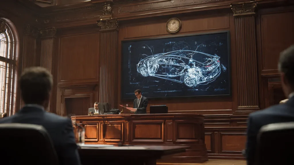 A car crash lawyer explaining fault and liability to the court with visual evidence.