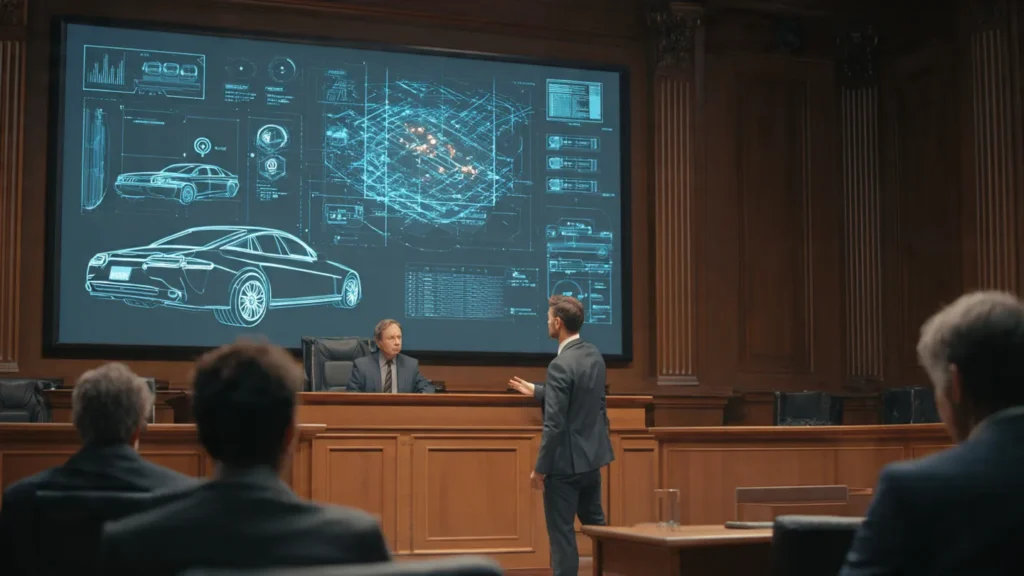A courtroom scene where a lawyer presents detailed accident evidence during a legal hearing.