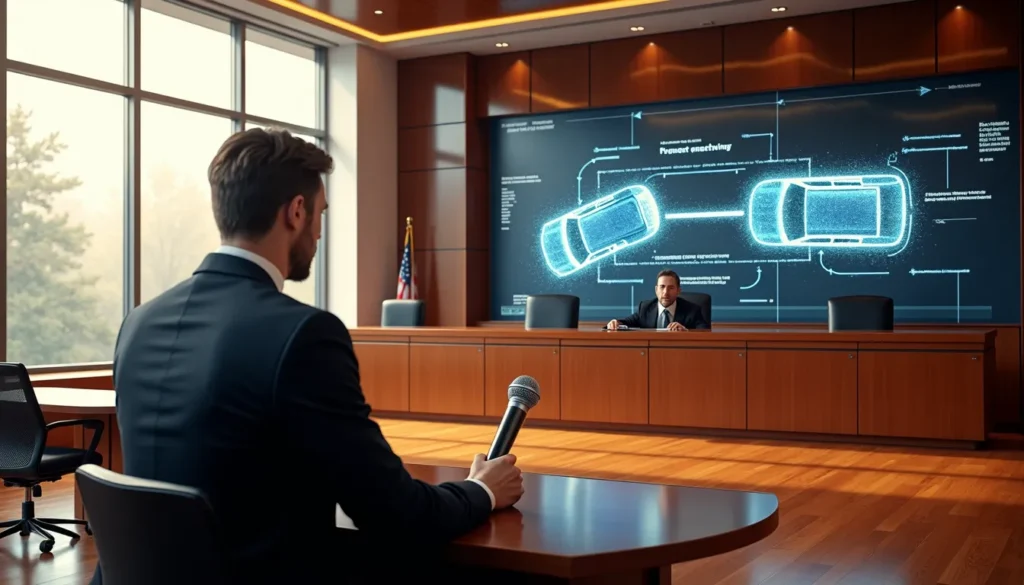 A personal injury attorney standing before the judge, displaying evidence in a car accident lawsuit.