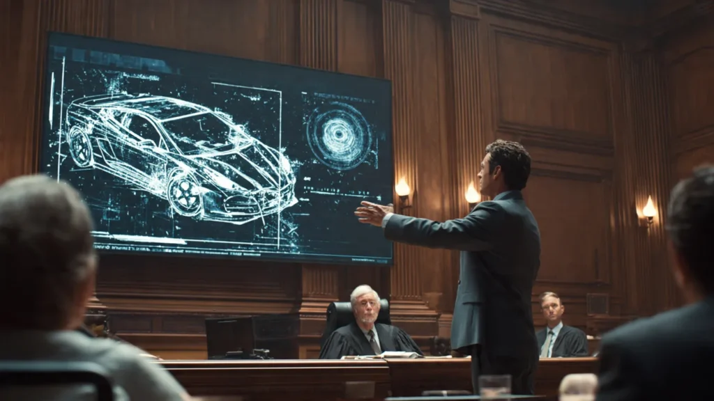 A lawyer presenting accident photos and documents in court while arguing for the victim’s compensation.