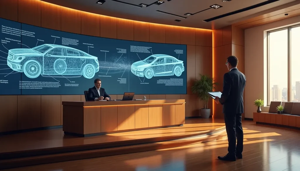 A car accident attorney showing case evidence to the judge during a courtroom trial.