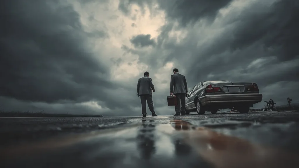 A highway accident scene with a lawyer assessing the situation to help victims pursue injury claims.