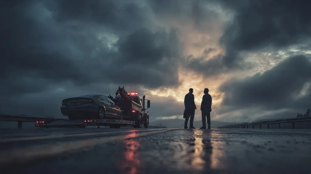A lawyer at a highway crash speaking with injured individuals about their legal rights and settlement options.