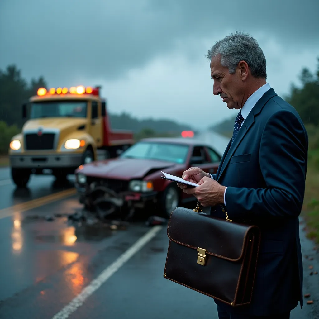 A personal injury lawyer assisting motorists on a highway accident scene with legal and insurance advice.