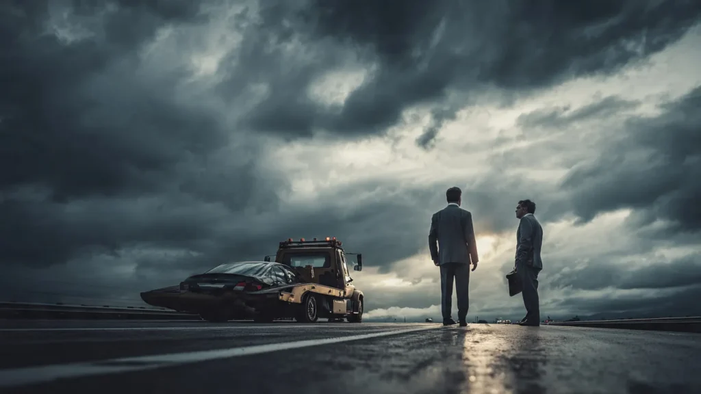 A lawyer analyzing vehicle damage after a highway crash to determine fault and liability.