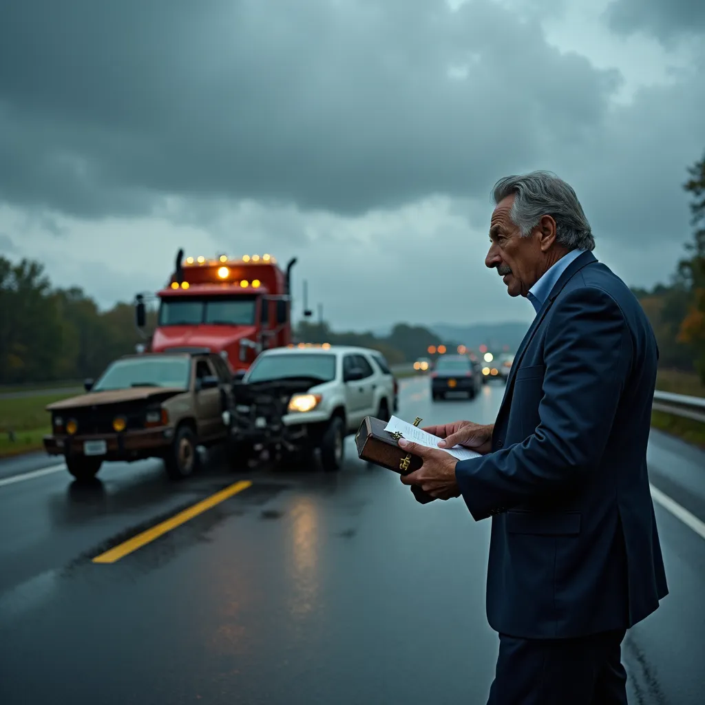 A professional car accident attorney taking notes at a highway accident to support victims’ legal cases.