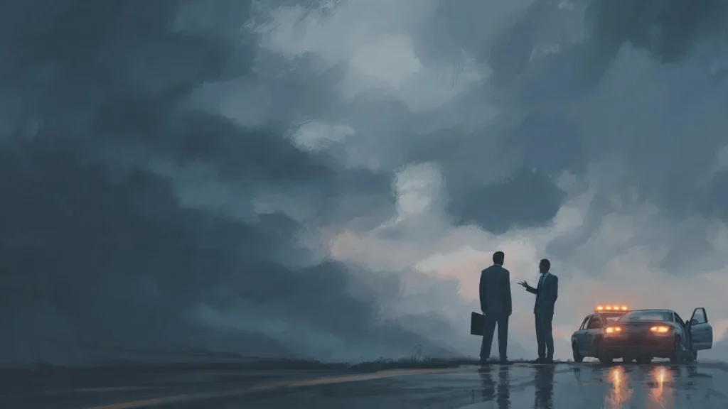 A legal expert inspecting the crash site and advising victims on how to file a car accident lawsuit.