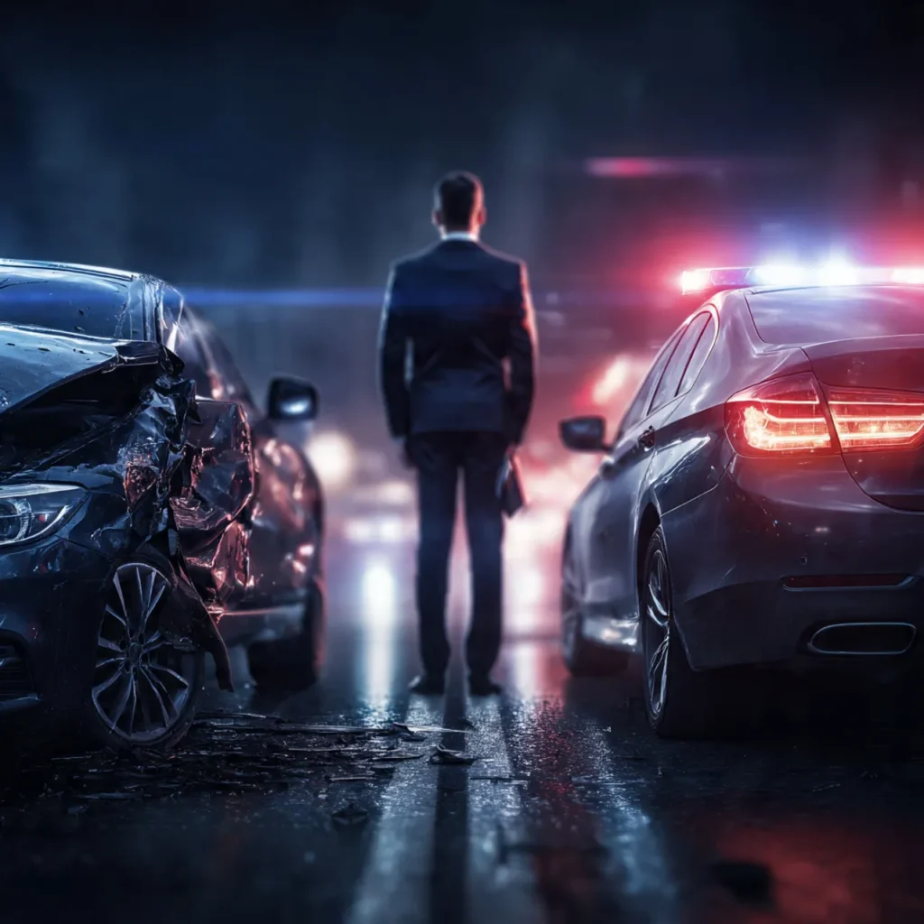 A car accident attorney gathering accident details on a highway to support victims with claim documentation.