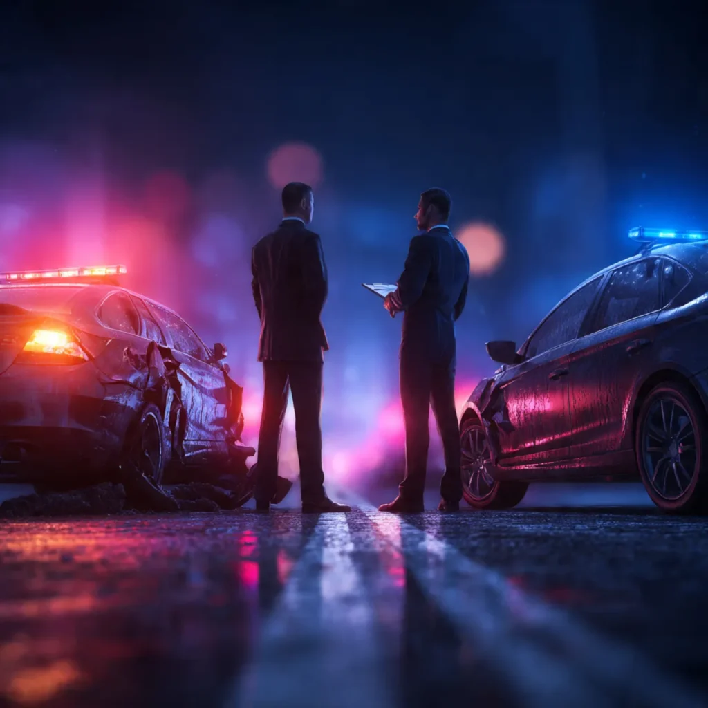 A lawyer standing beside two damaged vehicles on the highway, helping victims assess legal responsibilities.