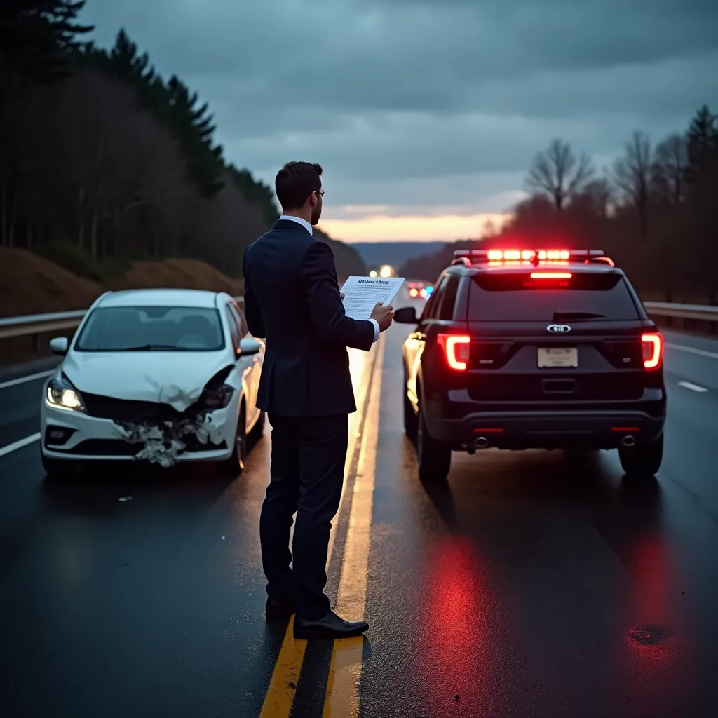 A personal injury attorney reviewing evidence at a highway car crash scene for legal case preparation.