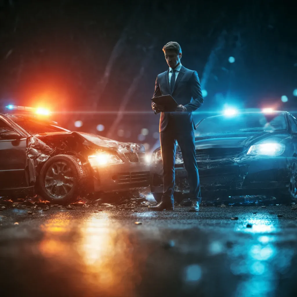 A car accident lawyer examining a highway crash scene to help victims file insurance and injury claims.