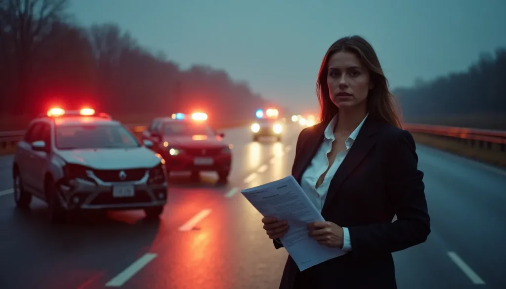 A car accident attorney gathering evidence at the highway crash site while informing victims about their legal options.