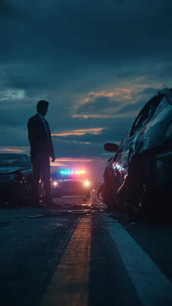 A lawyer inspecting two damaged cars at a collision scene and advising the victims about compensation rights.