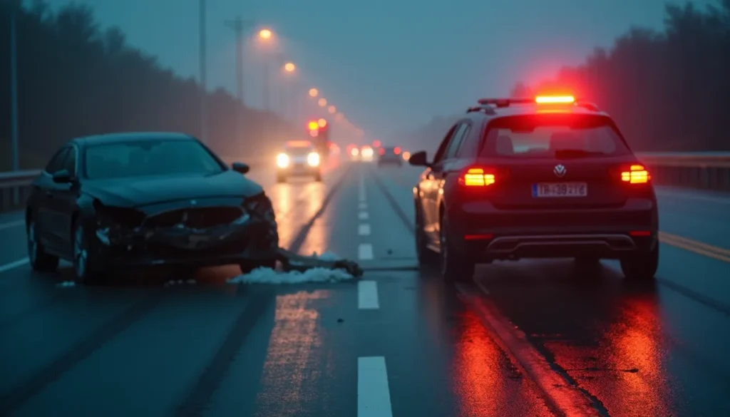 A highway car crash with a lawyer assisting injured individuals and explaining how to file a legal case.
