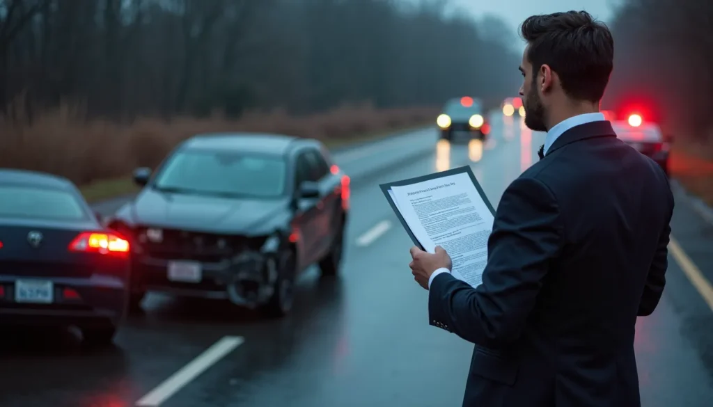 A car crash lawyer evaluating the accident scene and advising victims about settlement and claim procedures.