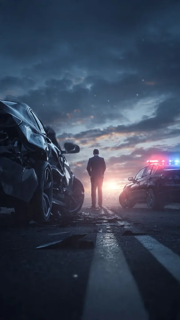 A legal expert supporting crash victims at a highway accident location, reviewing fault and liability details.