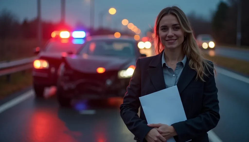 A lawyer at a roadside accident scene discussing insurance claim options with the affected drivers.