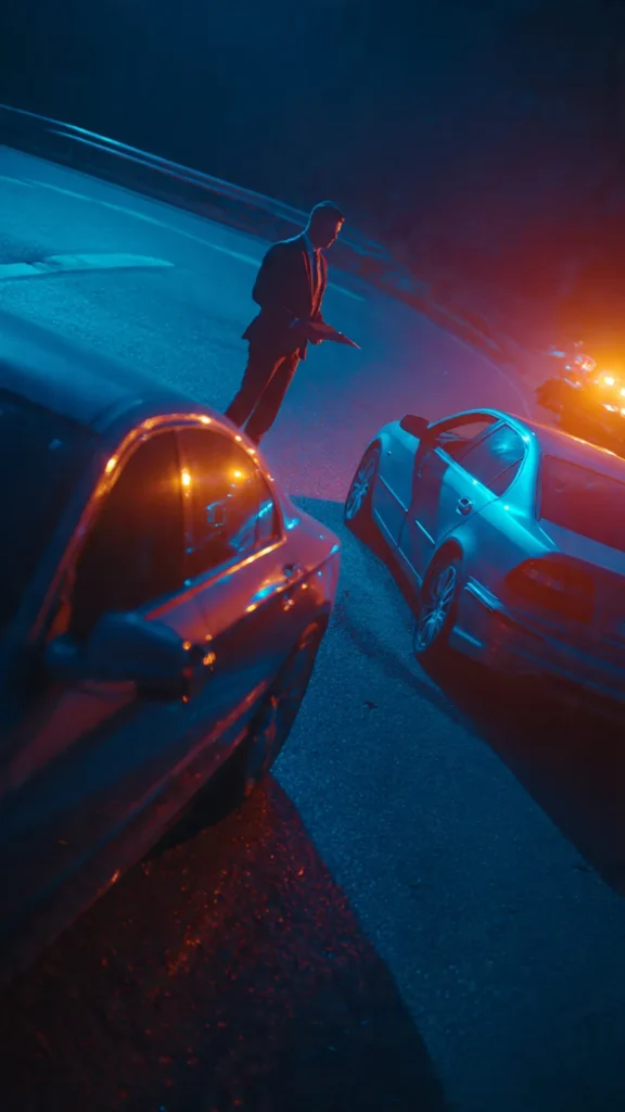 A personal injury attorney standing near damaged vehicles, helping victims understand accident compensation steps.