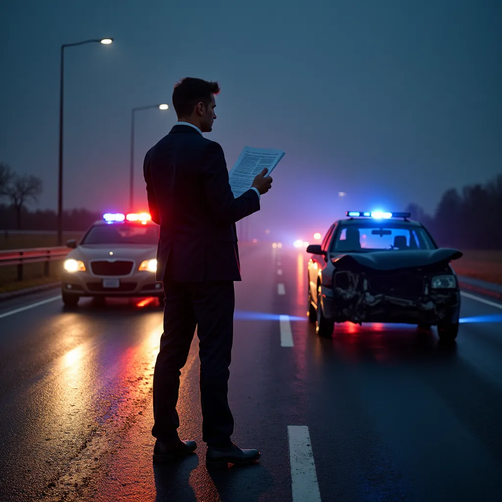 A highway collision site where a lawyer is offering legal assistance and claim advice to car accident victims.