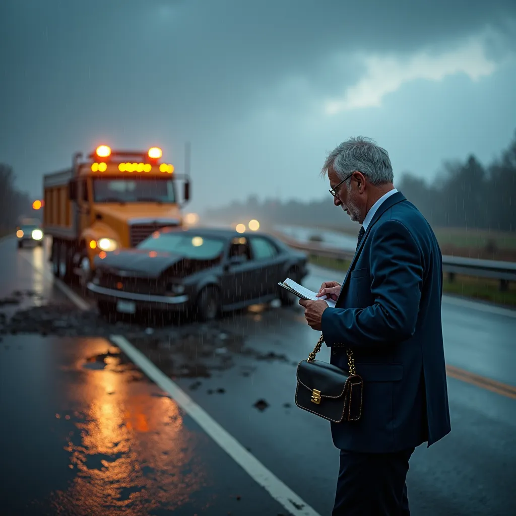 A professional car accident lawyer guiding injured victims at a highway crash scene and explaining their legal rights.