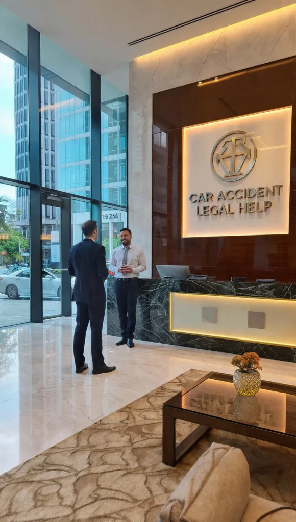 A car accident lawyer shaking hands with a client in a stylish lobby before discussing legal options.