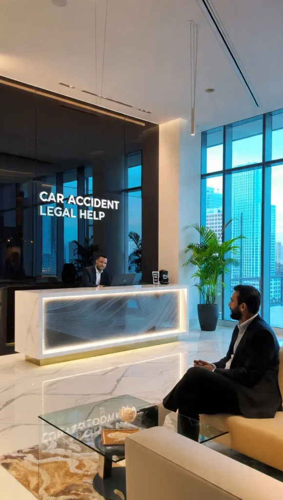 A professional attorney greeting a new client in a law firm reception area for a car accident case review.