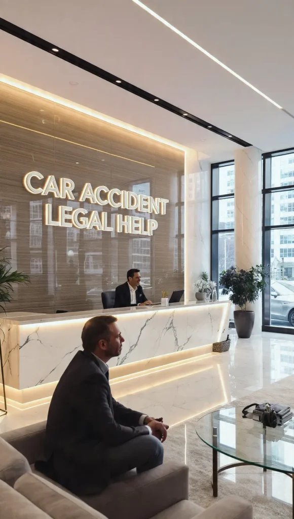 A friendly lawyer meeting a car crash victim in the firm’s lobby to begin the legal assistance process.