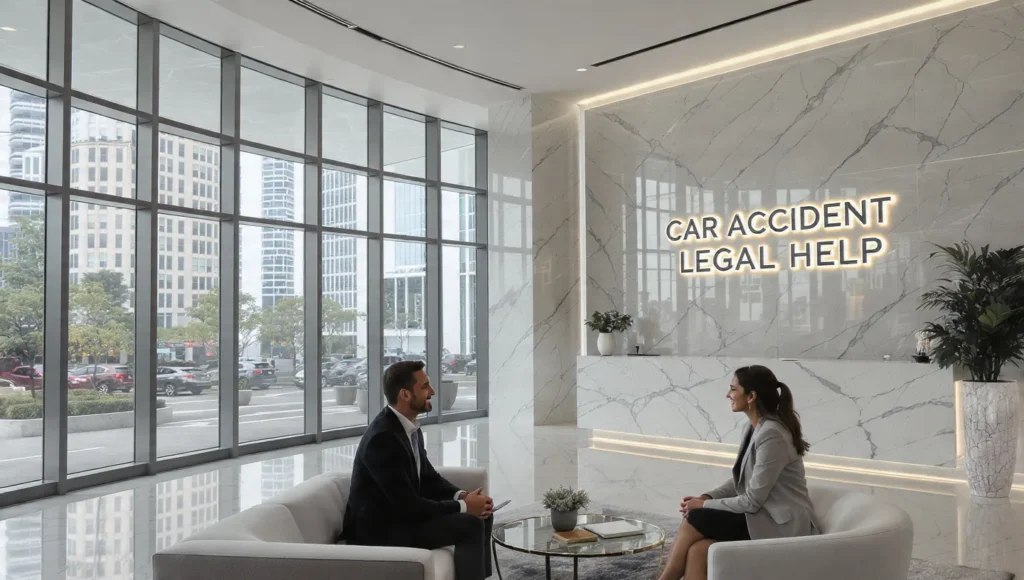 A client entering a law office lobby as a personal injury attorney greets them for accident case support.