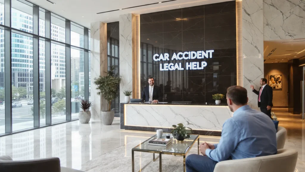 A lawyer welcoming a car accident client in a modern law firm lobby for legal consultation.