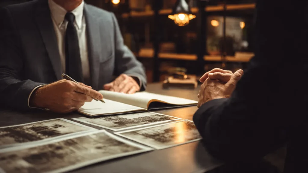 A personal injury lawyer guiding a client through the car accident claim process with evidence laid out on the table.