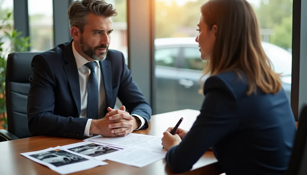 A legal advisor showing car accident pictures to a client while explaining fault and liability issues.