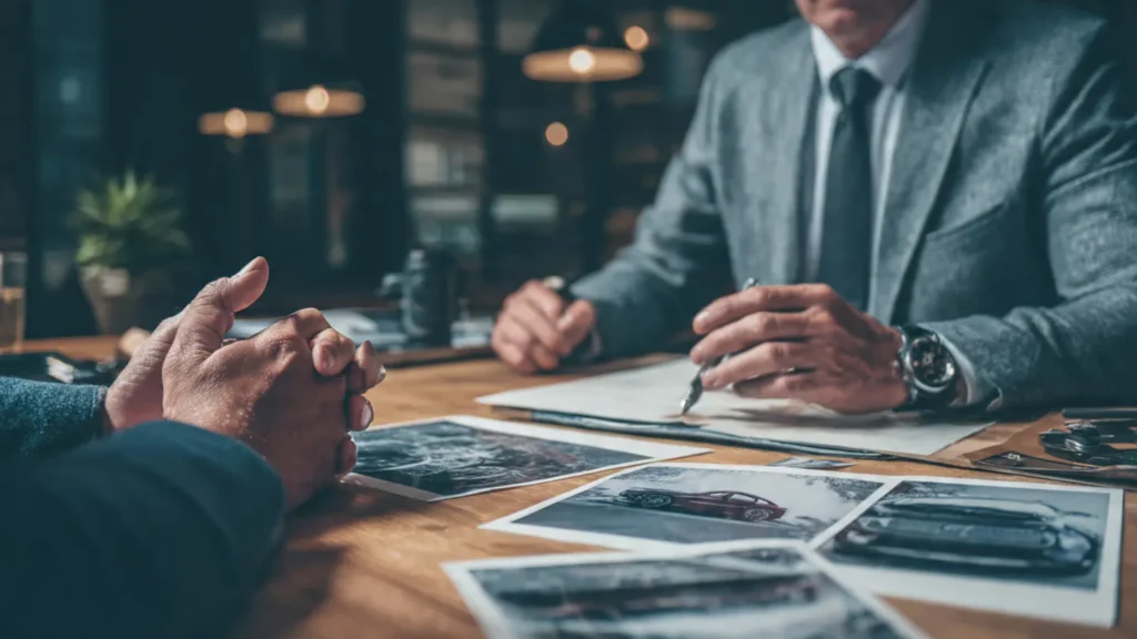 A car crash attorney discussing settlement options with a client using evidence photos and legal documents.