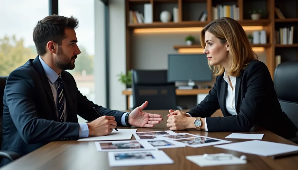 A professional injury lawyer consulting a client and reviewing accident documentation in a modern workspace.