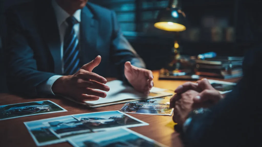 A lawyer analyzing crash scene images with a client while preparing a car accident compensation claim.