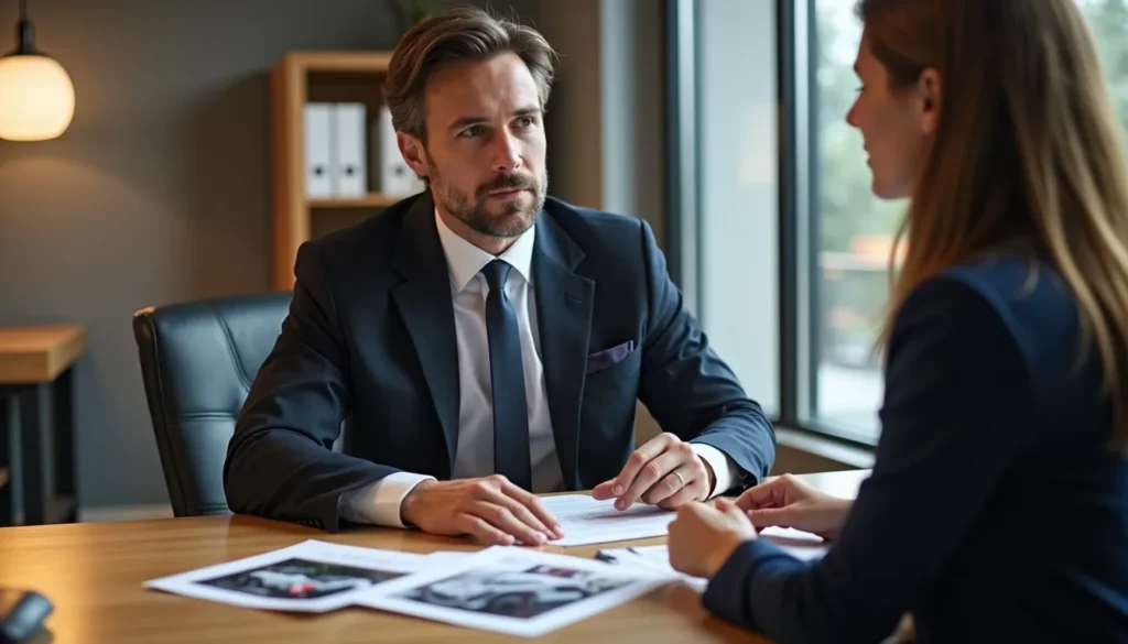 A lawyer analyzing crash scene images with a client while preparing a car accident compensation claim.