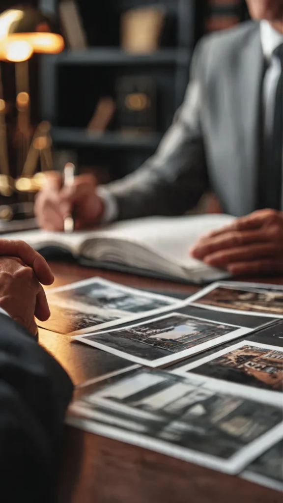 A personal injury attorney explaining claim procedures to a client while examining printed accident photos on the desk.