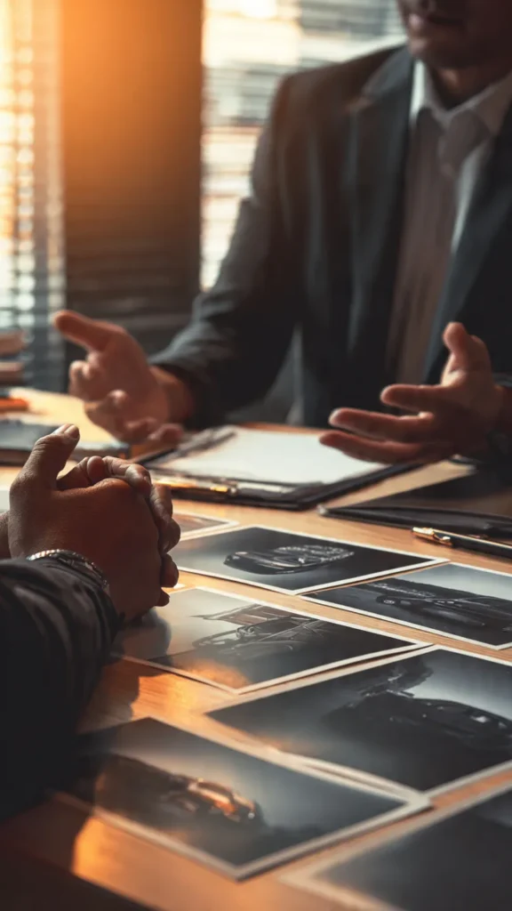 A lawyer reviewing car crash evidence with a client during a legal consultation in a professional office setting.