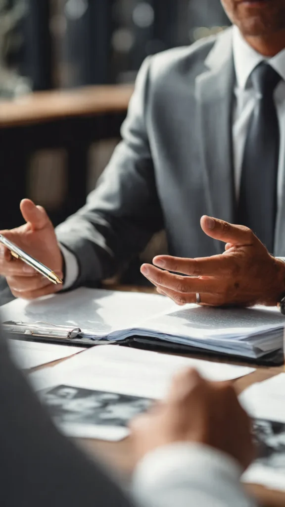 A car accident attorney discussing case details with a client in a modern office surrounded by accident evidence photos.