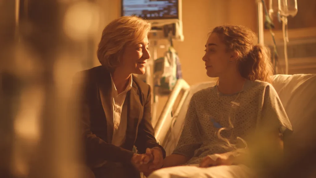 A legal expert supporting a hospitalized client after a car accident and reviewing their compensation options.