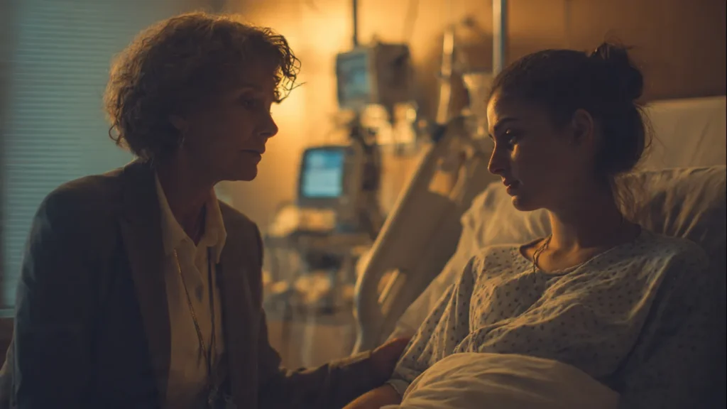 A personal injury attorney sitting beside a hospitalized accident victim, providing guidance and reassurance.