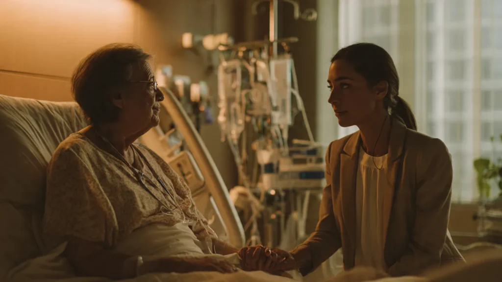 A compassionate attorney meeting an injured client in the hospital to explain their accident claim rights.