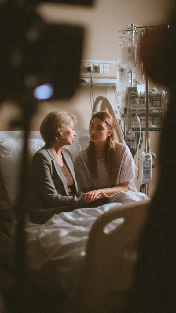 A lawyer comforting a car crash victim in a hospital bed while discussing legal recovery options.