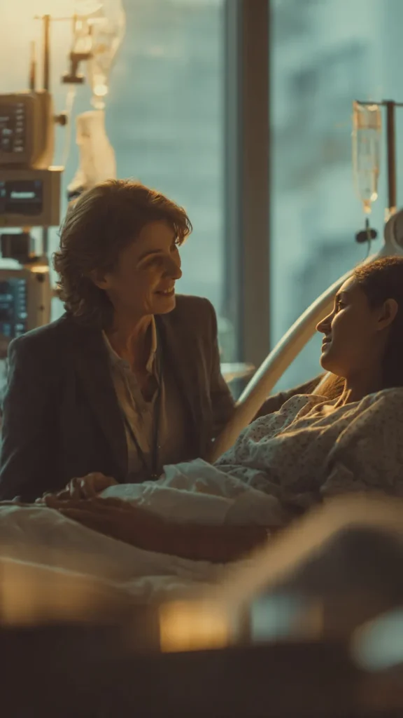 A car accident lawyer offering emotional and legal support to an injured client in a hospital room.