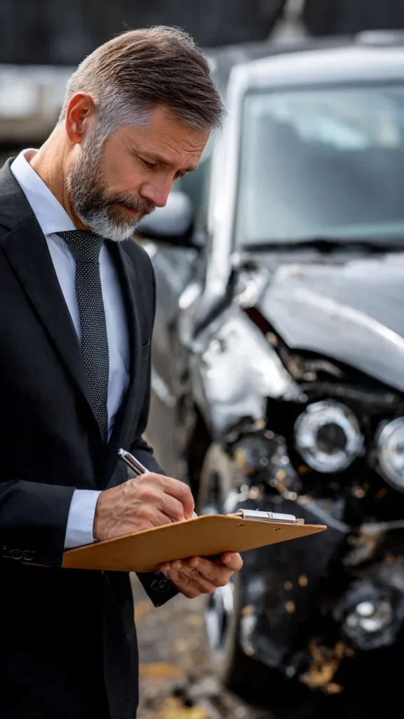 A lawyer gathering accident evidence by inspecting the damaged car at the crash site.