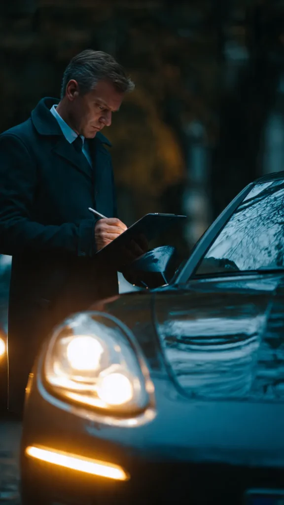 A legal expert photographing and reviewing vehicle damage to support a car accident case.