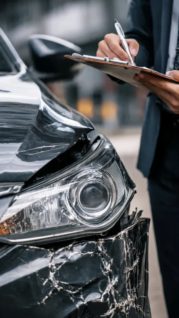 A lawyer analyzing dents and crash marks on a vehicle as part of a car accident investigation.