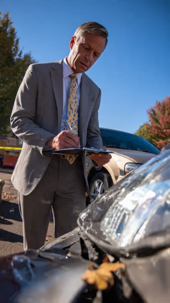 A personal injury attorney inspecting car damage to determine fault and prepare legal documentation.