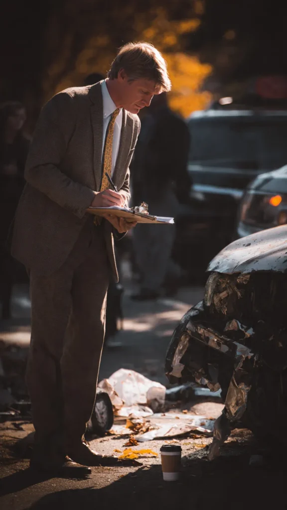 A car accident lawyer examining a damaged vehicle to collect evidence for an injury claim.