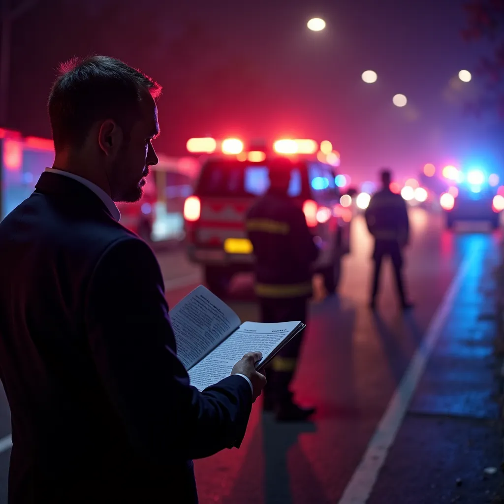 A personal injury lawyer writing observations at a night highway crash with flashing emergency lights.